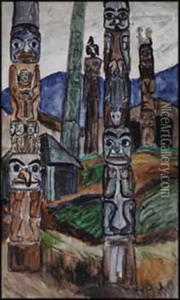 Totem Poles, Kitwancool Village Oil Painting - Emily Carr
