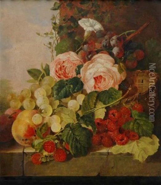 Still Life With Roses, Grapes And Raspberries On A Ledge Oil Painting - Edward Ladell
