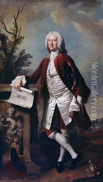 Portrait of Theodore Jacobsen architect of the Foundling Hospital shown holding a drawing of the West Front Oil Painting - Thomas Hudson