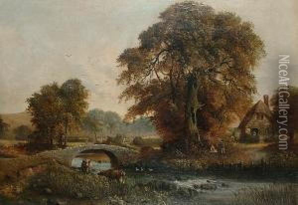 A Landscape With Cattle By A Bridge, A Cottage With Figures On The Far Bank Oil Painting - Henry Robins