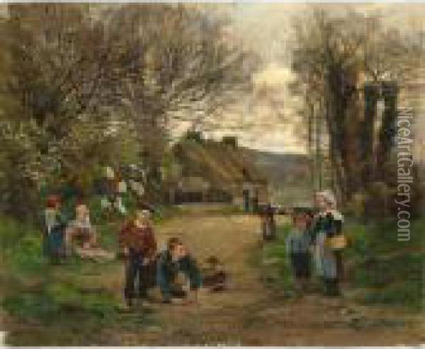 Children Playing Of Marbles On A Sunny Day, Brittany Oil Painting - Theophile Louis Deyrolle