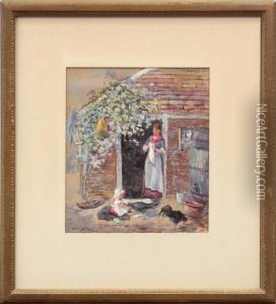 Mother Watching Child Feed Chickens Oil Painting - Charles Rowbotham