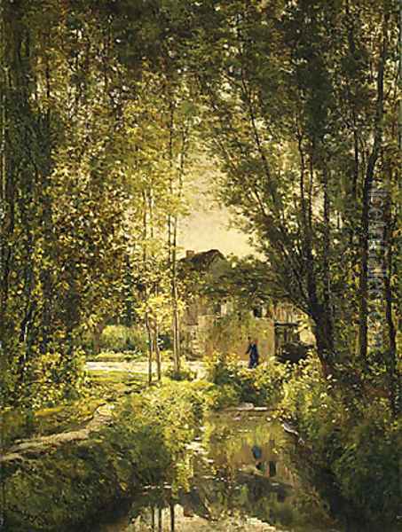 Landscape with a Sunlit Stream, ca 1877 Oil Painting - Charles-Francois Daubigny
