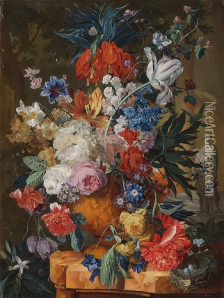 Grosses Blumenbouquet In Reliefierter Tonvase Oil Painting - Jan Van Huysum