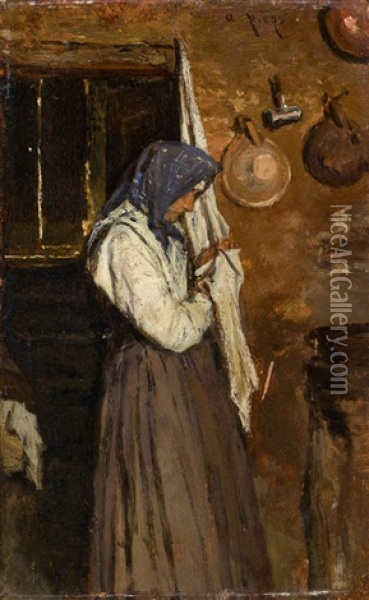 Frau Bei Der Kuchenarbeit Oil Painting - August Xaver Carl von Pettenkofen
