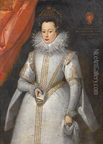 Portrait Of A Lady, Standing 
Three-quarter-length, In A White Embroidered Dress With A Ruff, Holding A
 Kerchief And A Bible Oil Painting - Juan Pantoja de la Cruz