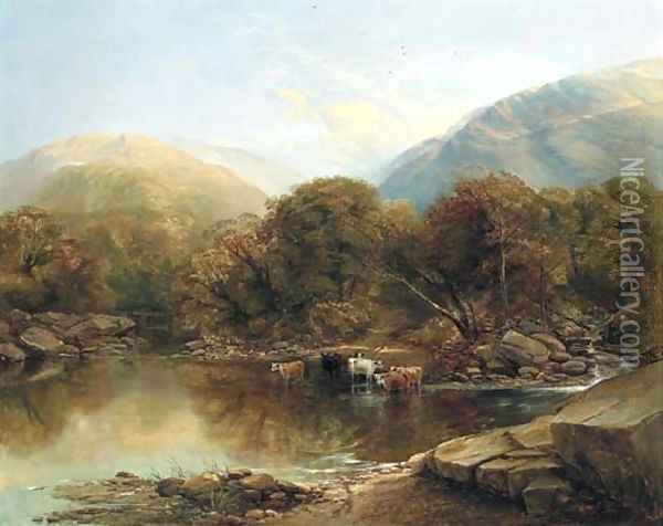 'Afternoon' Cattle watering by a lake in a mountainous landscape Oil Painting - Thomas Creswick