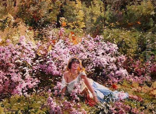 Algerian beauty in a lilac field Oil Painting - Leon Louis Antoine Tanzi