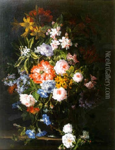 Still Life With Flowers In A Glass Vase On A Stone Ledge Oil Painting - Jean-Baptiste Monnoyer