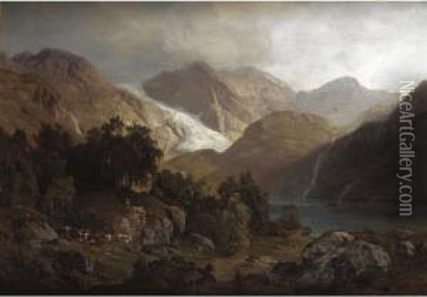 Figures And Cattle In A Mountainous Landscape Oil Painting - Anders Monsen Askevold