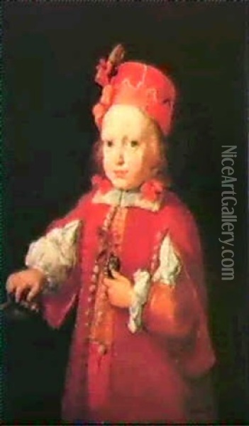 Portrait Of A Boy, Half Lengthwearing A Red Tunic With      Slashed Sleeves And A Red Cap,with A Dagger On A Table Oil Painting - Pier Francesco Cittadini