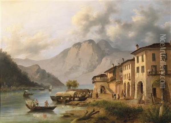 Landscape Withlake Oil Painting - Giuseppe Alinovi