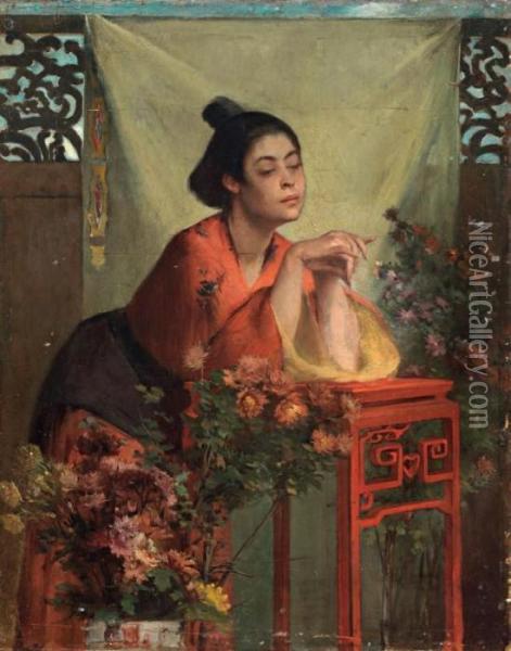 Interno Con Figura Femminile Giapponese Oil Painting - Paul Albert Baudouin