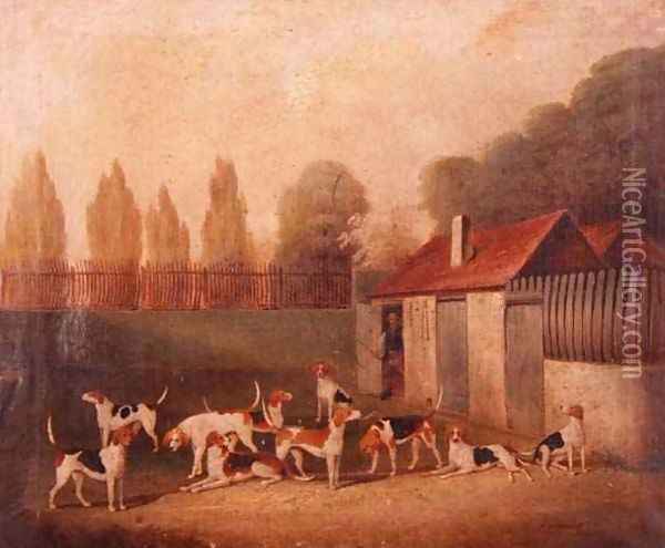Foxhounds in a Kennelyard Oil Painting - Thomas Henwood