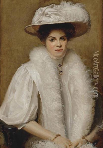 Portrait Of Doris Campbell, Half-length, In A White Dress And Hat With Feathers Oil Painting - Ernest Townsend