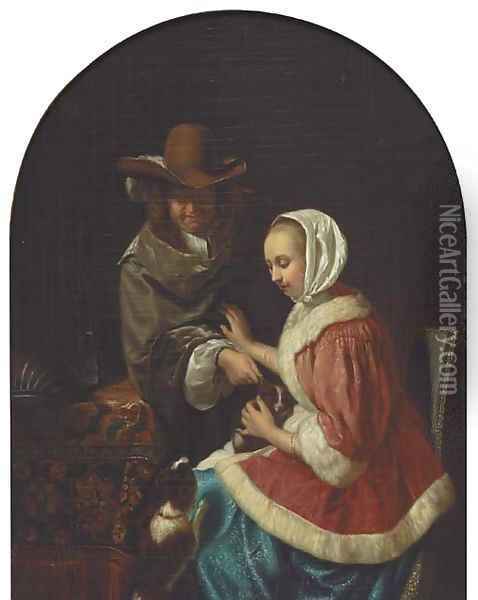 'Teasing the Pet' Oil Painting - Frans Van The Elder Mieris