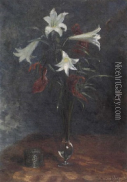Weise Lilien Und Anthurien In Glasvase Oil Painting - Ernst Mueller-Scheessel