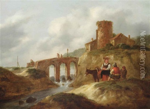 An Italianate Landscape With Travelers Resting Near A Bridge Oil Painting - Nicolaes Molenaer