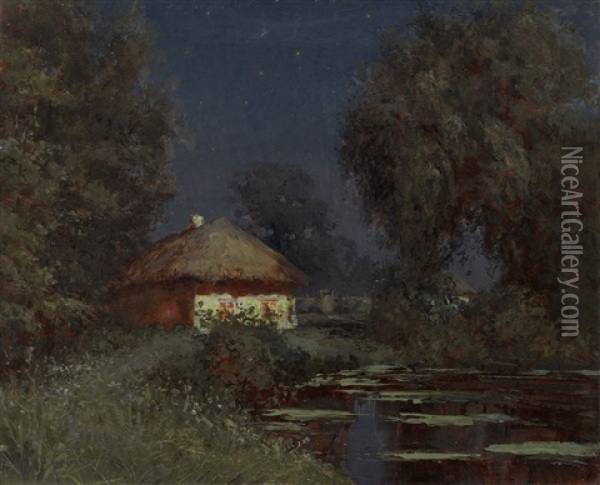 Ukrainian Hut Near A Pond At Night Oil Painting - Fedor Petrovich Riznichenko