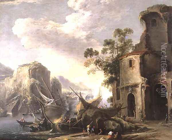 View of a Bay Oil Painting - Salvator Rosa