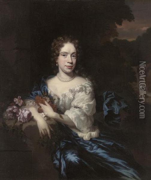 Portrait Of A Lady, 
Three-quarter-length, In Blue Classical Dress, With Roses And Marigolds 
In Her Left Hand, A Sprig Of Honeysuckle In Her Right, In A Landscape, A
 Waterfall Beyond Oil Painting - Nicolaes Maes