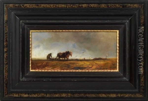 Bauer Mit Pferdepflug, Im Hintergrund Silhouette Von Munchen Oil Painting - Alois Bach