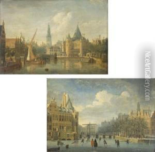 Le Gelderse Kade Et Le Waag A Amsterdam ; Et Le Kloveniersdoelen A Amsterdam Oil Painting - Jan ten Compe