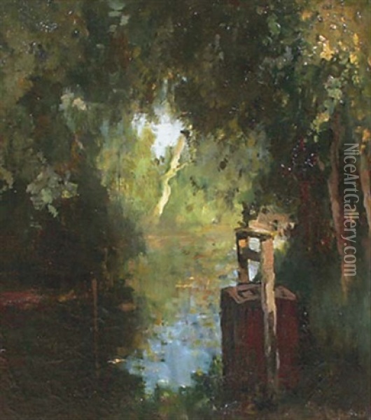 Vischkaar: A Pond In Summer Oil Painting - Jacob Ritsema