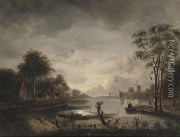 Fishing At Nightfall Oil Painting - Jacob Johann Verreyt