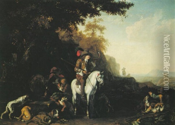 A Wooded Landscape With Huntsmen And Their Animals Resting At A Watering Place Oil Painting - Abraham Danielsz Hondius