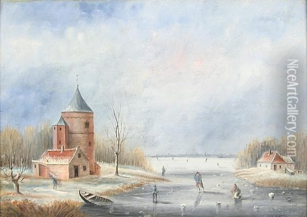 Figures Skating On A Frozen River Oil Painting - Jan Jacob Coenraad Spohler