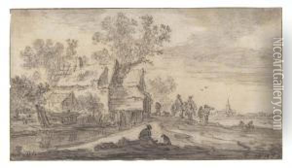 An Inn Beside A Road, A Church Beyond Oil Painting - Jan van Goyen