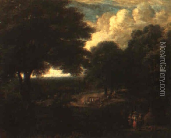 Wooded Italianate Landscape With Figures Oil Painting - Pieter Bout