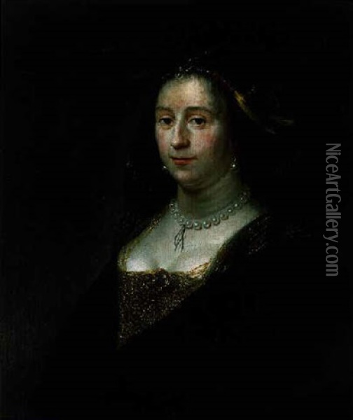 Portrait Of A Lady Wearing A Gold-embroidered Dress And Headdress With A Black Cloak Oil Painting - Daniel De Koninck