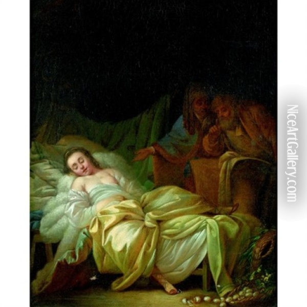 Jeune Fille Endormie Surprise Par Un Couple Oil Painting - Jean-Baptiste Leprince