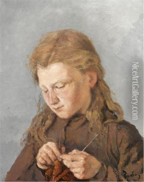 Young Girl Knitting Oil Painting - Pericles Pantazis
