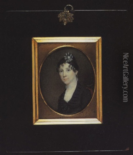 Mrs. Bray Of Boston Wearing Decollete Black Dress, With White Lace Collar And A Bow At Her Corsage, Drop Earring And Jewelled Comb In Her Hair Oil Painting - William M.S. Doyle