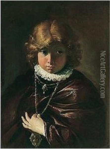 Portrait Of A Young Boy, Half Length, Holding A Medallion Oil Painting - Francesco Fontebasso