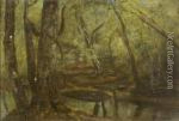 Sous Bois A La Riviere, A Fontainebleau Oil Painting - Paul Huet