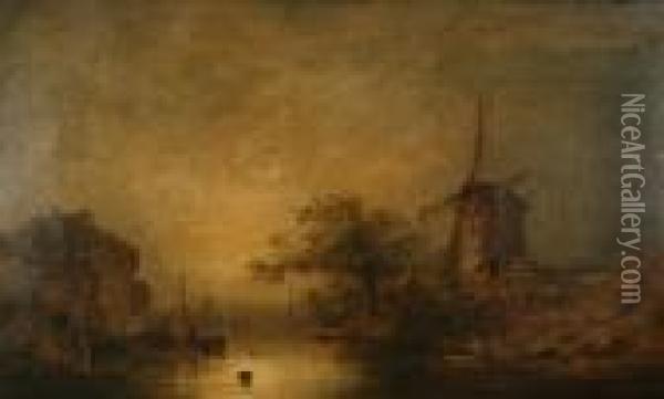 Windmill By A River Oil Painting - Henry Bright