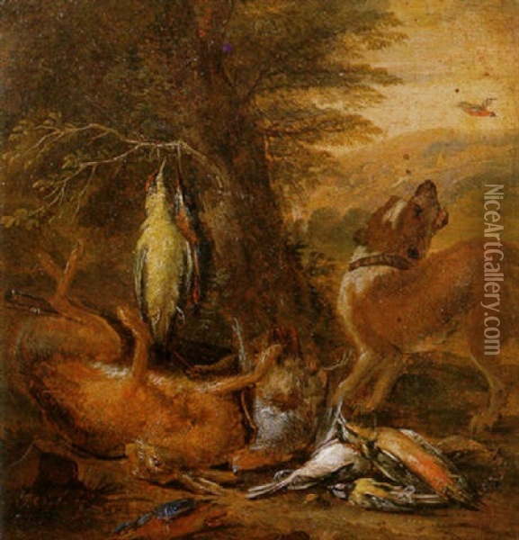 Still Life Of Game Being Guarded By A Hound, In A Landscape Oil Painting - Adriaen de Gryef