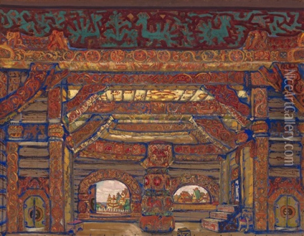 The Palace Of Tsar Berendey (set Design For Snegurochka) Oil Painting - Nikolai Konstantinovich Roerich