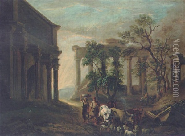 Peasants And Livestock By The Arch Of Constantine, Rome Oil Painting - Benjamin (of Bath) Barker