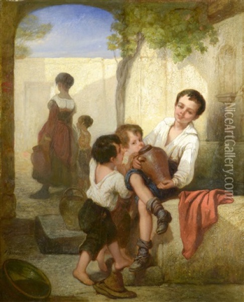 Thirsty Children Oil Painting - Joseph Beaume