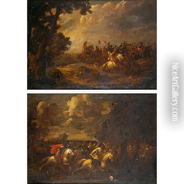 Choque De Caballeria (+ Combate De Caballeria; 2 Works) Oil Painting - Pieter Meulener