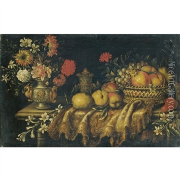 A Still Life With Grapes And Peaches In A Basket, A Pear And Various Other Fruits And Orange Blossom, Together With An Urn With Various Flowers On A Stone Table Draped With An Elaborately Embroidered Oil Painting - Antonio Gianlisi