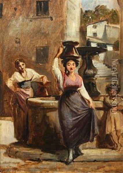 Italian Women And A Girl By A Well Oil Painting - Wilhelm Nicolai Marstrand