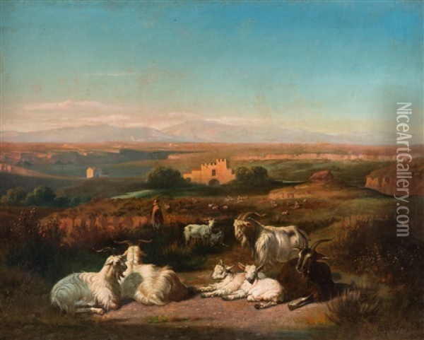 An Idyllic Country Landscape, Rome Oil Painting - Carl Max Gerlach Quaedvlieg
