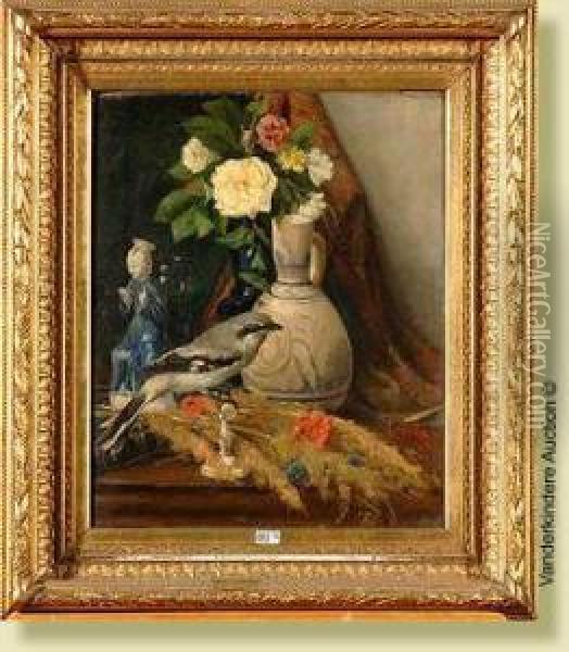 Nature Morte Aux Fleurs Et A L'oiseau Oil Painting - J. Van Der Hecht