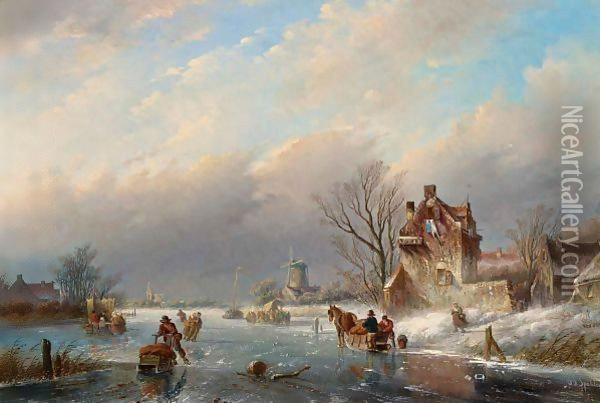 Figures On The Ice In A Winter Landscape Oil Painting - Jan Jacob Coenraad Spohler
